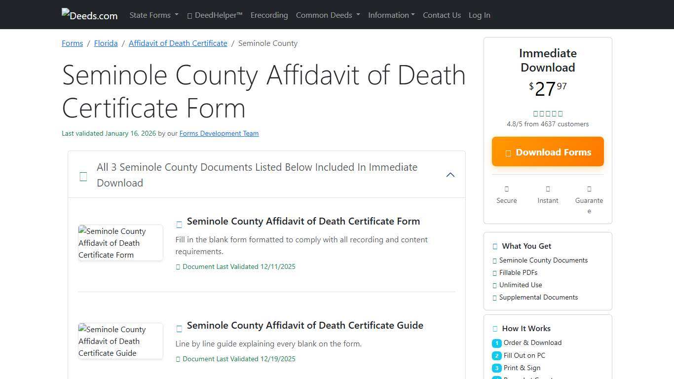 Seminole County Affidavit of Death Certificate Form Florida Deeds.com